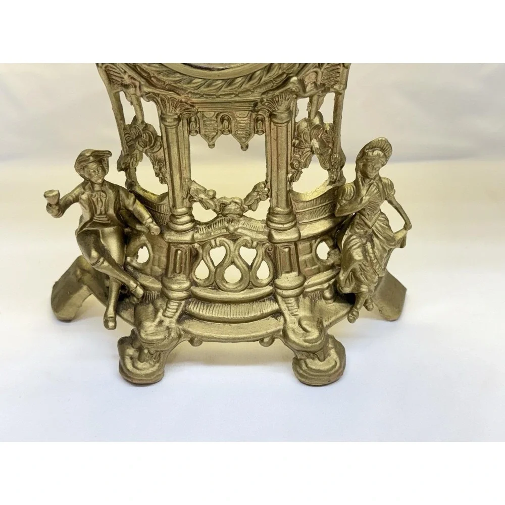 Vintage West Germany Cast Metal Mantel Clock Baroque Ornate Figural Gold *Works*